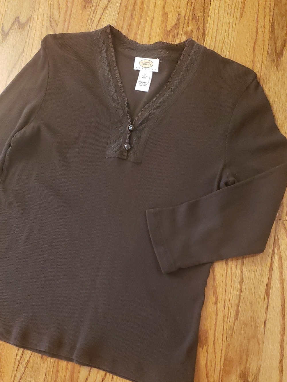 Talbots Dark Brown 3/4-length Sleeve V-Neck Knit Top Size: LP